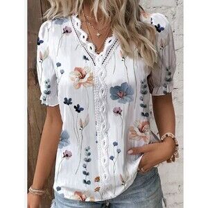 XL Summer V-Neck Lace Patchwork Print Shirt Elegant Office Lady Fashion Wear